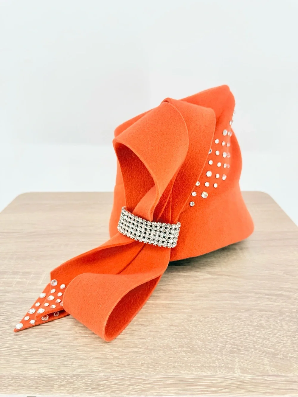 Vintage Tim Crawford Wool Cloche Hat Burnt Orange Rhinestone Bow Opening Day US